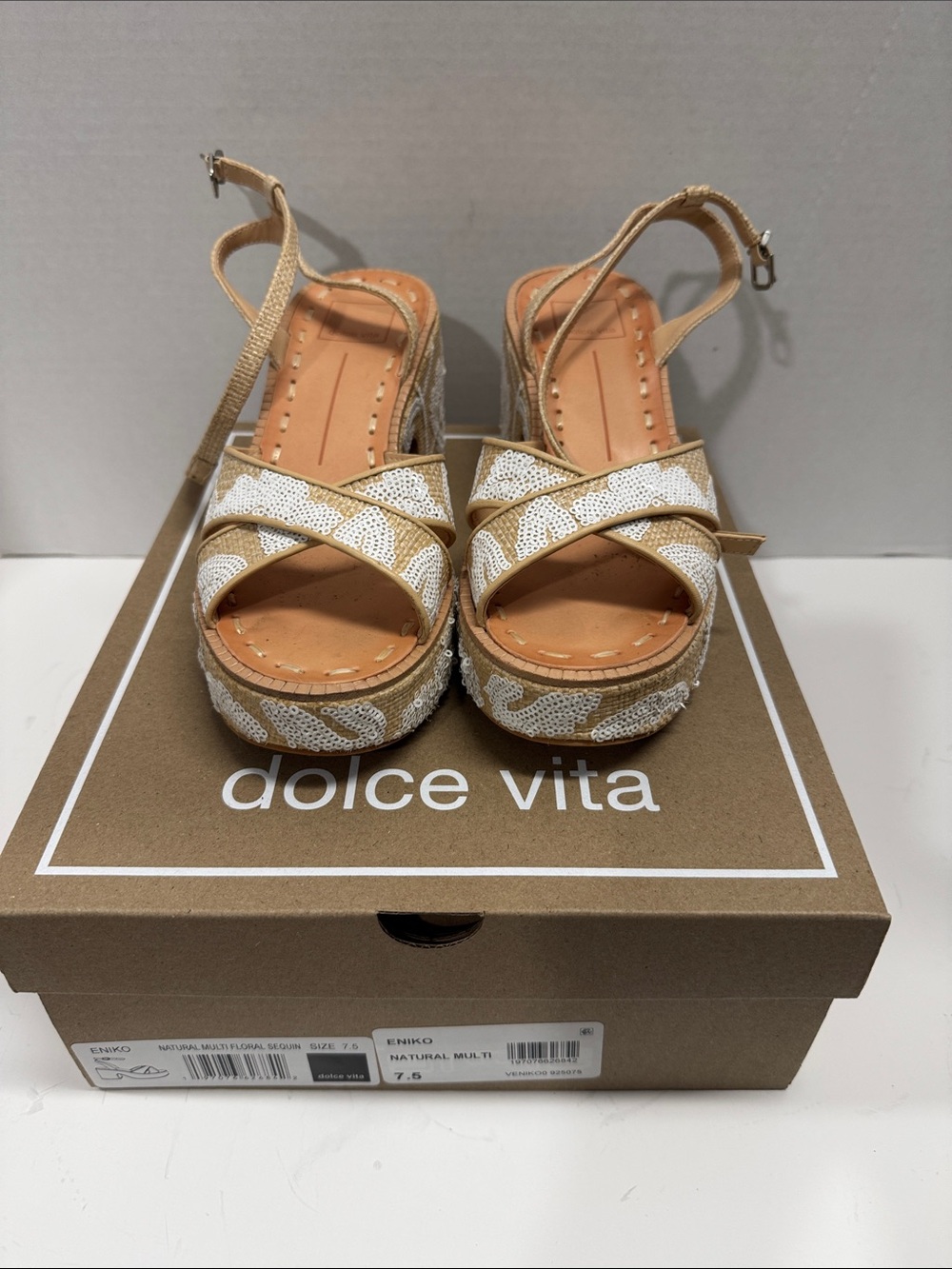 Dolce Vita Cream and Tan Sequin Wedge Sandals